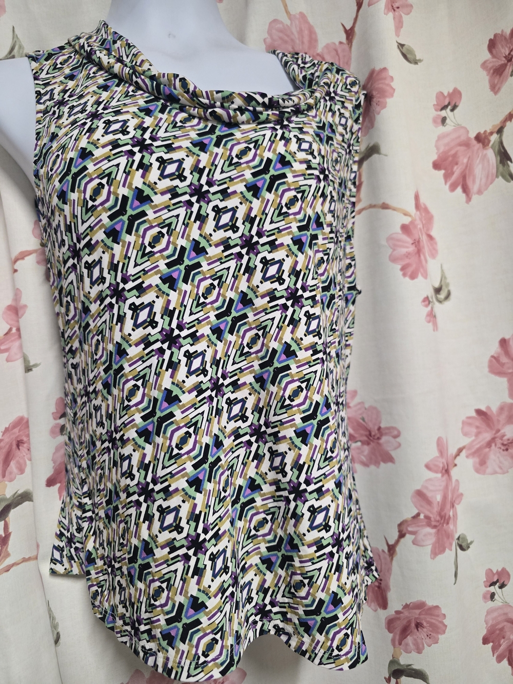 Tahari Multicolor Geometric Cowl Neck Sleeveless Top